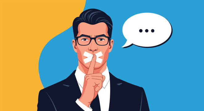 Professional man in a suit with tape over his mouth is making a hush gesture with his finger representing silence and secrets.