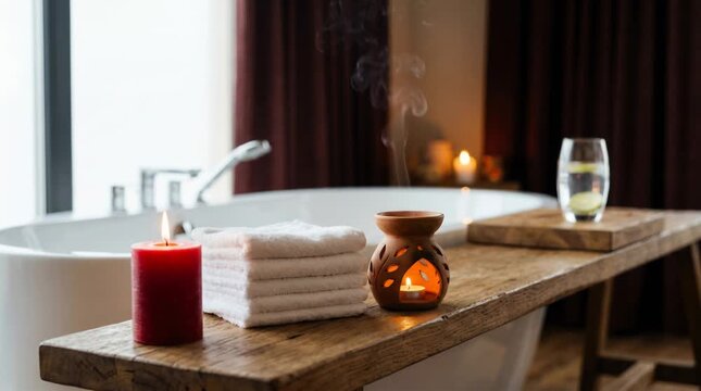 Cozy Bathroom Spa Scene With Lit Red Candle Stacked White Towels Aromatic Oil Diffuser and Glass of Water on Wooden Bath Caddy next to Bathtub with Dark Curtains Background Soft Warm Lighting