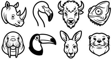 Obraz premium Minimalist vector graphic set featuring stylized animal heads rendered in clean black and white line art