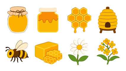 Honey and beekeeping icon set with bee, jar, hive and flowers © Alan