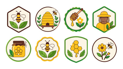 Set of beekeeping and honey themed badge icons in flat vector style © Alan