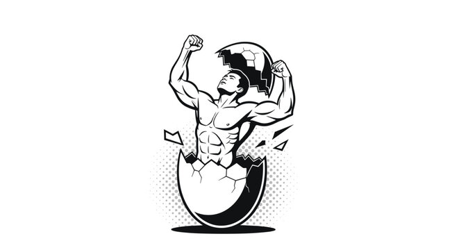 Powerful muscular man with defined abs is seen emerging from a giant cracked eggshell against a clean white background.
