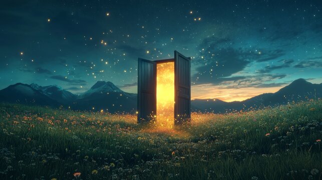 Surreal glowing portal standing alone in a vast blooming meadow beneath a deep starry sky with distant mountains, casting warm radiant light across flowers grass creating a magical fantasy landscape