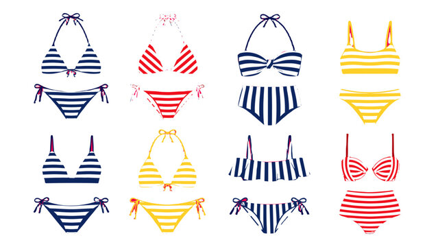 Striped bikini and swimsuit set collection in flat vector style