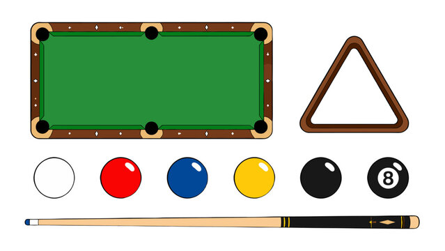 Billiards table with cue stick balls and triangle rack vector set