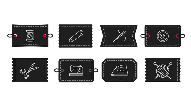 Set of sewing and knitting labels with needle and thread icons