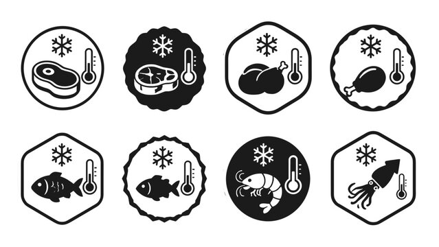 Frozen food storage icons with meat poultry seafood and thermometer