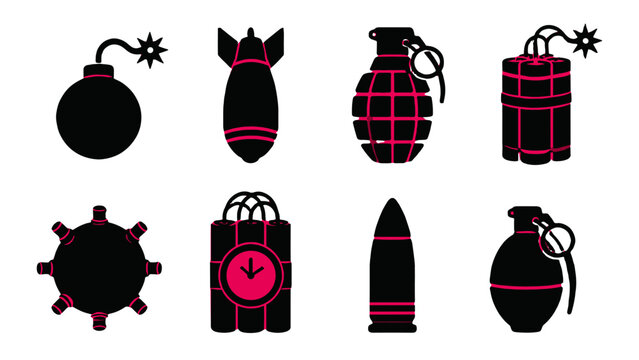 Black explosive device and ammunition icon set on white