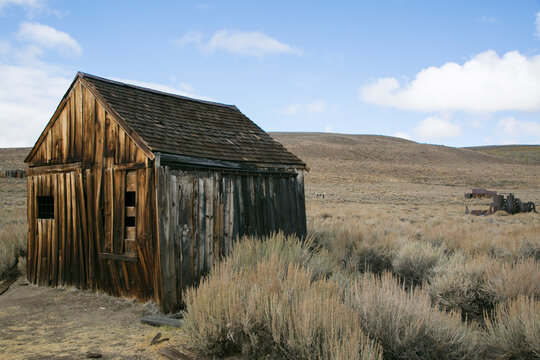 Weathered wooden buildings in a western ghost town