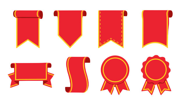 Set of red ribbon banners and award badge vector icons