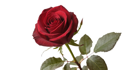 Fototapeta premium Isolated elegant single dark red rose flower with green leaves and thorns