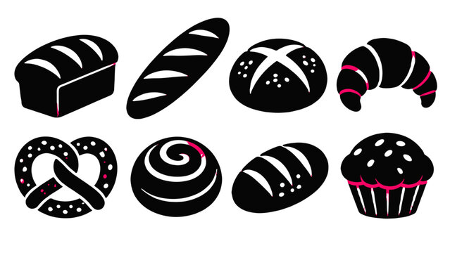 Black bakery icons set with bread pastry pretzel and muffin