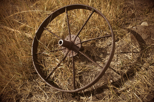 Old wagon wheel leaning against hay bales