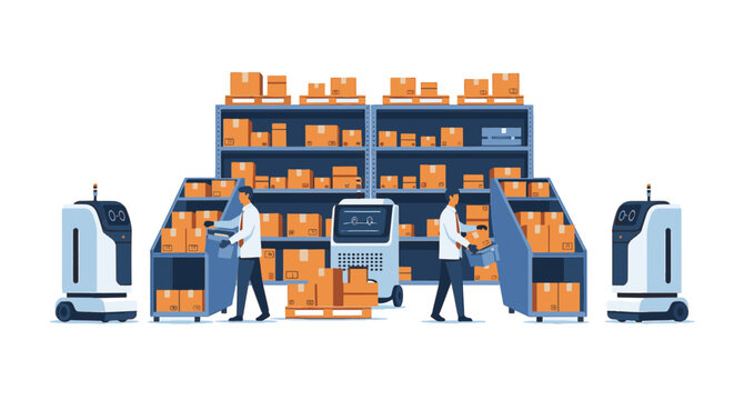 Modern automated warehouse illustration featuring human workers and autonomous mobile robots collaborating to sort cardboard boxes on shelving units for logistics and distribution.