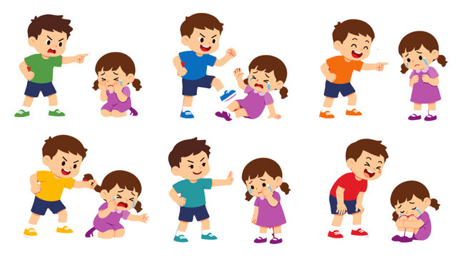 Cartoon boy bullying crying girl in multiple scenes set