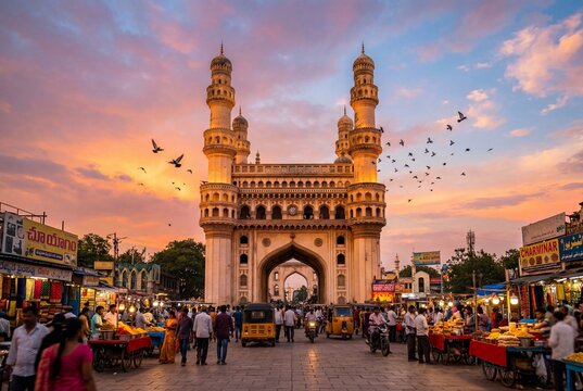 Charminar Hyderabad sunset view with Indo‑Islamic architecture, grand minarets, busy marketplace of stalls, people, vehicles, and birds under colorful evening sky generated ai