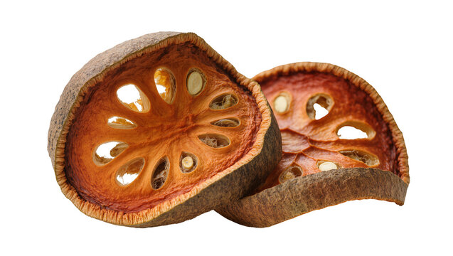 Isolated dried bael fruit slices showing texture and seeds, organic healthy herbal tea ingredient