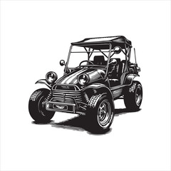 Fototapeta premium Black and white illustration of a vintage dune buggy with a canopy, showcasing its front view and details against a clean white background.