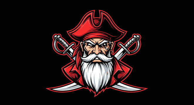 Angry pirate captain mascot with crossed swords and beard.