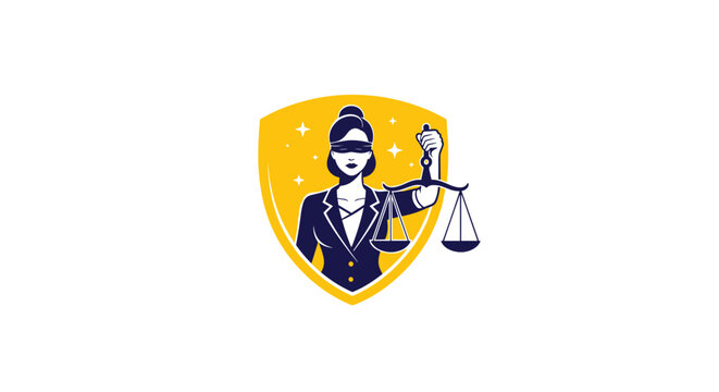 Lady Justice emblem with blindfold and scales in shield.