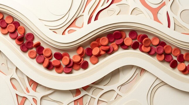 Abstract Paper Cutout Illustration of Red Blood Cells Flowing Through a Vein.
