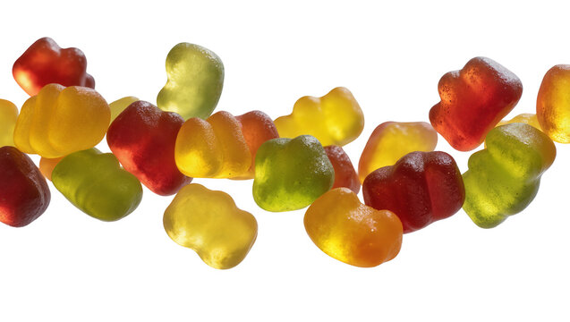 Isolated group of vibrant colorful translucent sweet chewy gummy candies and delicious jellies