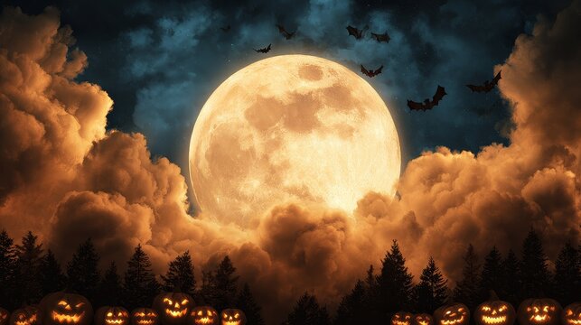 Spooky halloween background with haunted house glowing pumpkins and jack-o-lanterns under full moon