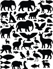 Obraz premium Black animal silhouettes, wildlife icons, vector set, 40 animal shapes
