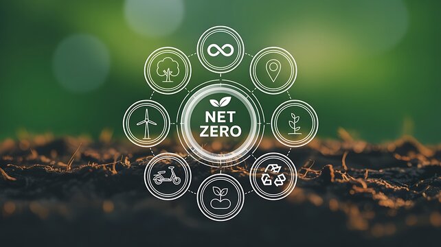 Sustainable net-zero icons emerge from earthy ground in a natural setting