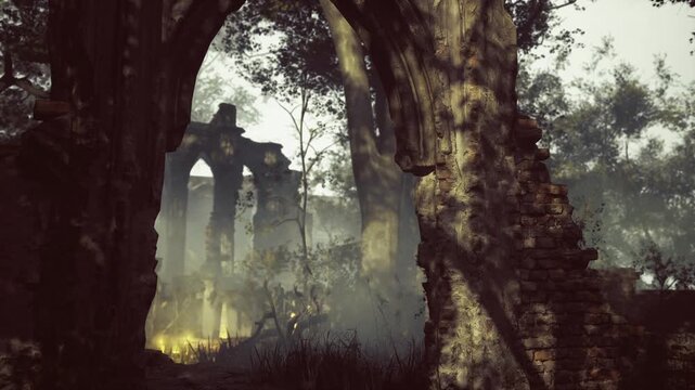 Overgrown ruins stand amidst a forest, their weathered stones glowing softly in the golden light. Shadows dance through the trees, lending an air of mystery and tranquility to the scene.