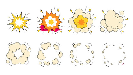 Cartoon explosion and smoke cloud effect set on white background © Alan