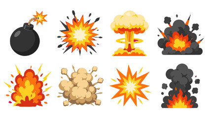 Cartoon explosion and bomb icon set with fire and smoke © Alan