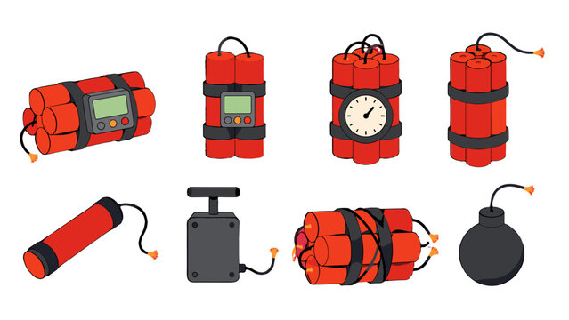 Cartoon explosive devices set with dynamite bundles and bomb