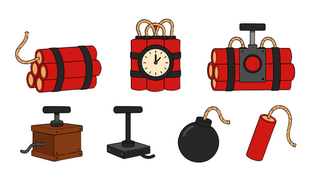 Cartoon explosive devices and detonators set on white
