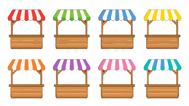 Set of colorful wooden market stalls with striped awnings
