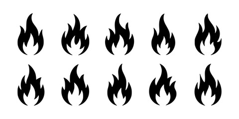 Naklejka premium Flames in Various Styles and Shapes Arranged in a Grid Pattern Featuring Fire, Icon, Symbol with Black and Silhouette Elements for Vector