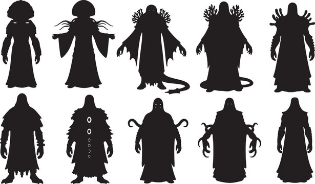 Collection of ten black silhouettes depicting fantasy monsters, eldritch wizards, and alien creatures with tentacles, robes, and coral growths on white background for character design.