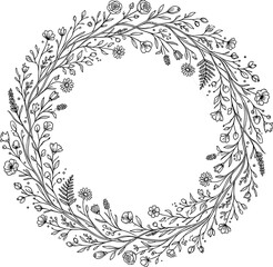 Obraz premium Hand-drawn black-and-white floral wreath with delicate leaves and small flowers, circular botanical frame vector for invitations and decor