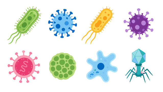 Colorful cartoon microbe and virus icons set on white