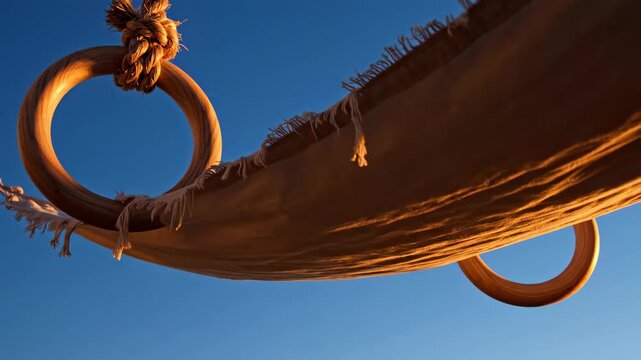 Textile hammock hanging from wooden rings against clear blue sky. Fabric bed suspended by rope outdoor equipment. Leisure furniture exterior design setup