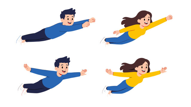 Cartoon man and woman flying in four dynamic poses