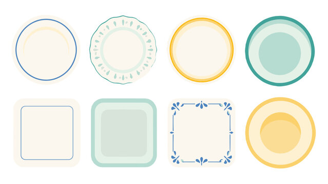 Set of colorful empty plates and dishes seen from above