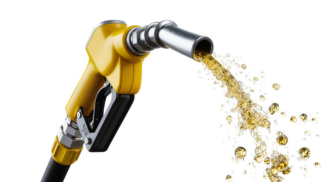 Isolated yellow fuel pump nozzle spraying golden gasoline or oil with splashes