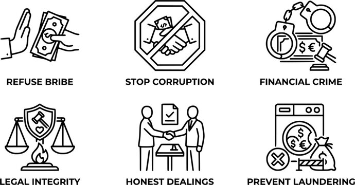 Professional vector icon set of anti corruption, anti bribery, and corporate compliance. Minimalist thin line art style with editable stroke. Includes icons for refusing bribe money, stop corruption 