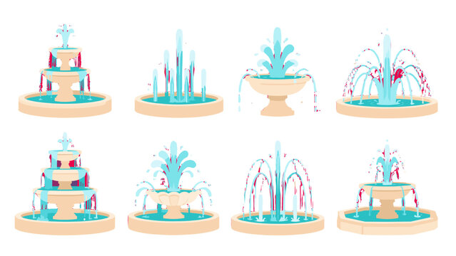 Set of decorative water fountain designs in flat vector style