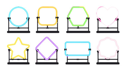 Set of colorful neon geometric shape signs on black stands © Alan