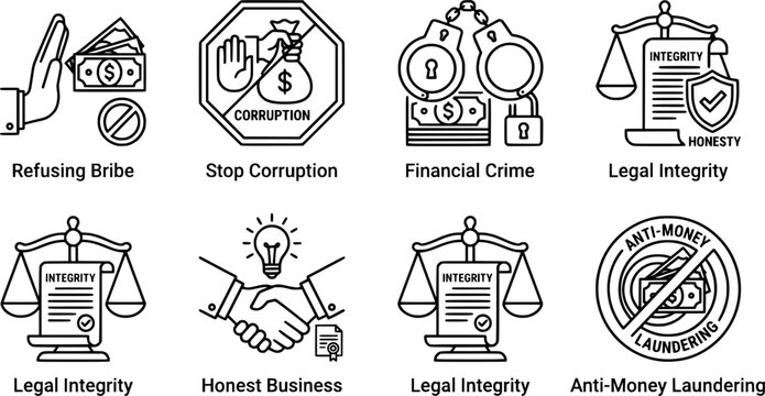 Professional vector icon set of anti corruption, anti bribery, and corporate compliance. Minimalist thin line art style with editable stroke. Includes icons for refusing bribe money, stop corruption 
