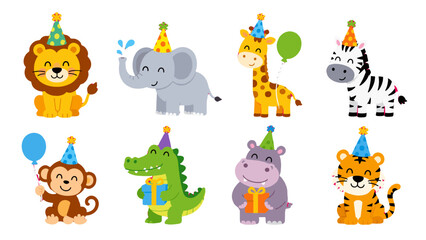 Obraz premium Cute cartoon safari animals wearing party hats set
