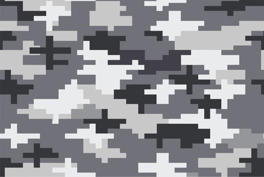 Digital camouflage pattern in shades of gray white and black for military apparel and tactical equipment design backgrounds.