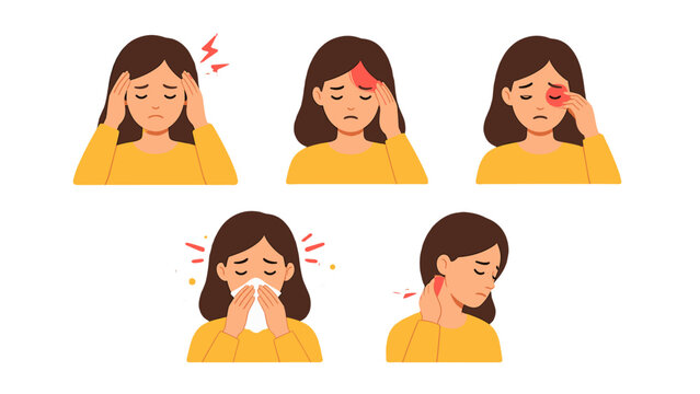 Set of woman with headache eye pain sneeze and neck pain